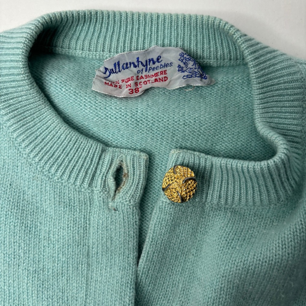 Vintage Ballantyne of Peebles 100% Cashmere Cardigan Scotland Blue 38 SEE Stains - Picture 5 of 8